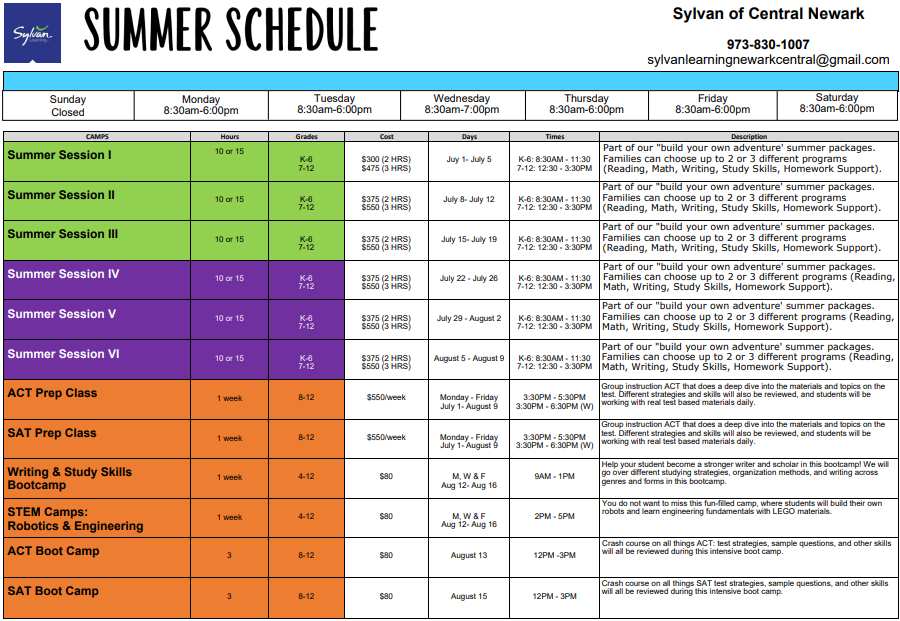 Chart of the summer schedule for Sylvan of Central Newark
